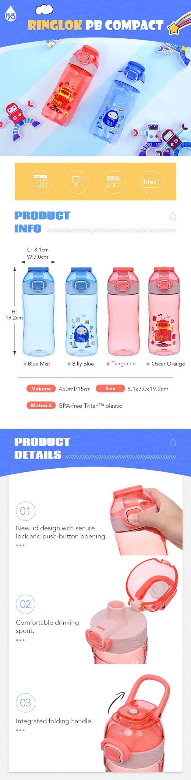 450ml/15oz Tritan Water Bottle for Kids School RINGLOK Compact #69227002