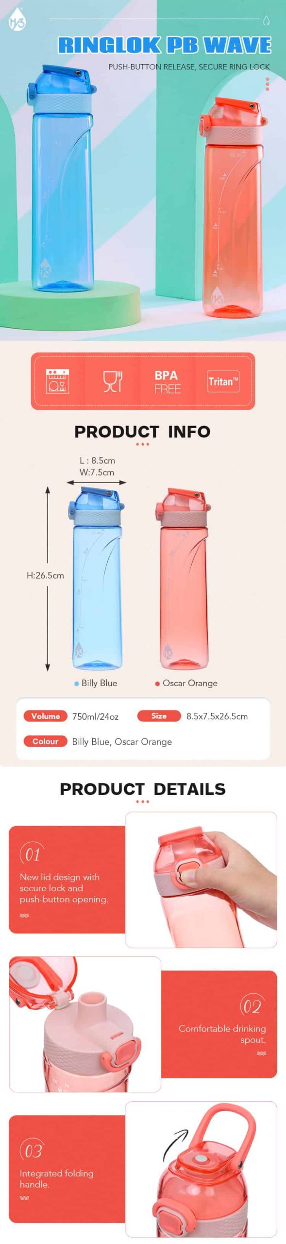 750ml/24oz Tritan Slim Water Bottle RINGLOK Lid #69327002