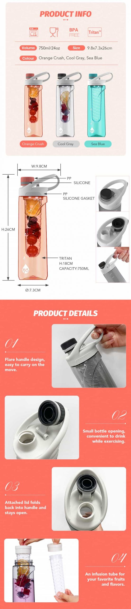 750ml/24oz Tritan Hiking Water Bottle Flare Handle Wave Shape #68876002