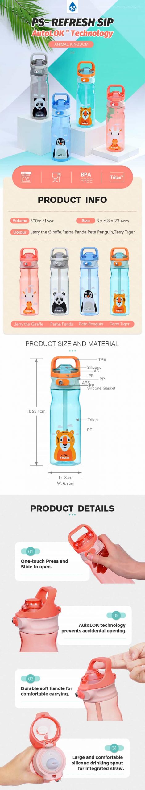 500ml/16oz Tritan Water Bottle with Straw for Kids Sip Animal Kingdom #6923700203