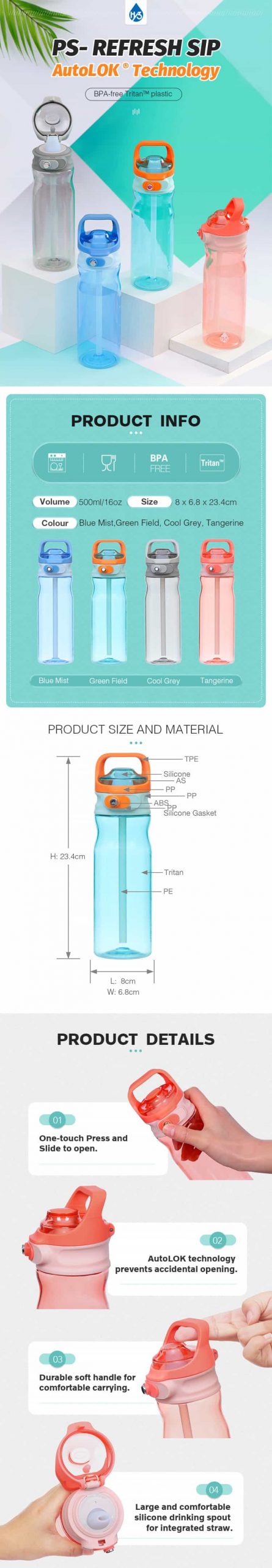 500ml/16oz Tritan Water Bottle with Straw AutoLOK® Technology #69237002