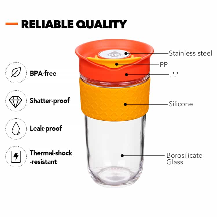 360ml/12oz Glass Camping Coffee Cup with Silicone Band #6868